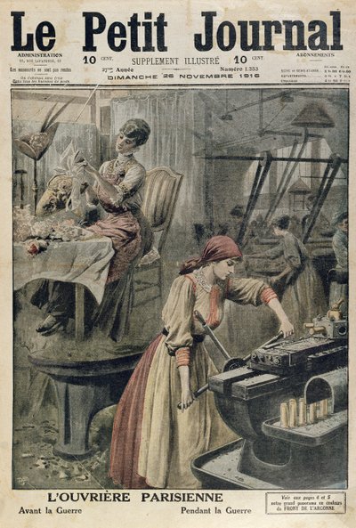 De verschillende soorten werk voor Parijse vrouwen voor en tijdens de Eerste Wereldoorlog, omslagillustratie van Le Petit Journal, 26 november 1916 door French School