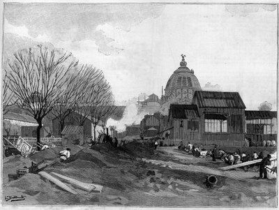 De grondverzetlocatie voor de installatie van de monumentale fontein in Parijs voor de wereldtentoonstelling van 1889. door French School