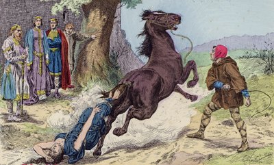De executie van Brunhilda van Austrasië door Chlotharius II, 613 (kleurenlitho) door French School