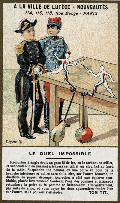 Het onmogelijke duel: kind kaart die een spel uitlegt om zelf te bouwen. Chromolithografie uit de 19e eeuw. door French School