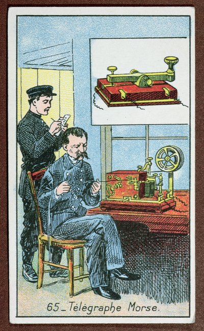 De uitvinding van de telegrafie met Morsecode, nummer 65 in een serie kaarten die grote uitvindingen uitbeelden, c.1910 door French School