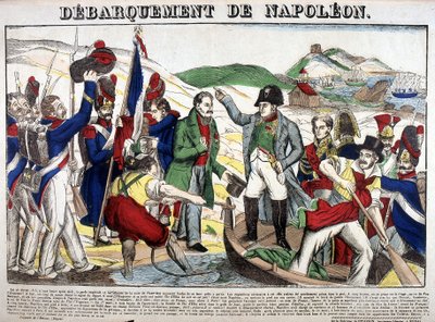 De landing in de Golf Juan: Napoleon I keerde op 1 maart 1815 terug naar Frankrijk na de periode van ballingschap op het eiland Elba. Afbeelding van Epinal door French School