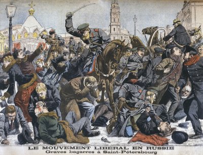 De liberale beweging in Rusland, gewelddadige schermutselingen in Sint-Petersburg, illustratie uit Le Petit Journal: Supplement illustre, 25 december 1904 door French School