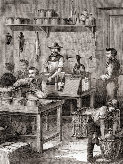 De fabricage van schietkatoen in de 19e eeuw, uit Les Merveilles de la Science, gepubliceerd ca. 1870 door French School