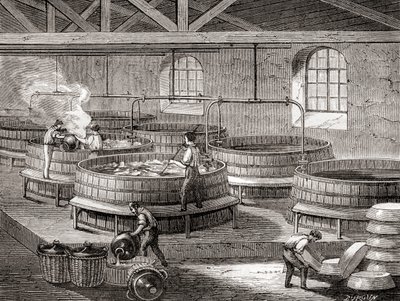 De productie van zeep in grote tanks in de 19e eeuw, uit Les Merveilles de la Science, gepubliceerd ca. 1870 (gravure) door French School