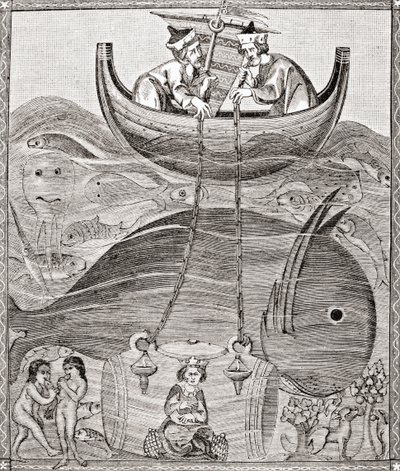 De maritieme wereld volgens de opvattingen van de Middeleeuwen, uit Wetenschap en Literatuur in de Middeleeuwen door Paul Lacroix, gepubliceerd in Londen 1878 door French School