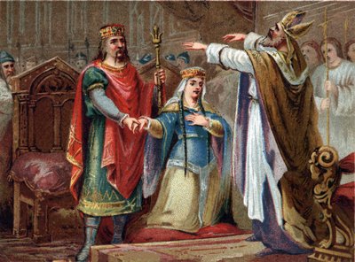 Het huwelijk van Clovis (481-511) Koning van de Franken met Clothilde in 493. Chromolithografie uit het einde van de 19e eeuw. door French School