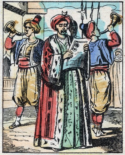 Het huwelijk van de dochter van de Sultan met de zoon van de Grootvizier wordt aangekondigd door een openbare voorlezer. Gravure van het verhaal Duizend-en-een-nacht "Aladin en de Wonderlamp". Epinal afbeelding, eind 19e eeuw. Privécollectie. door French School