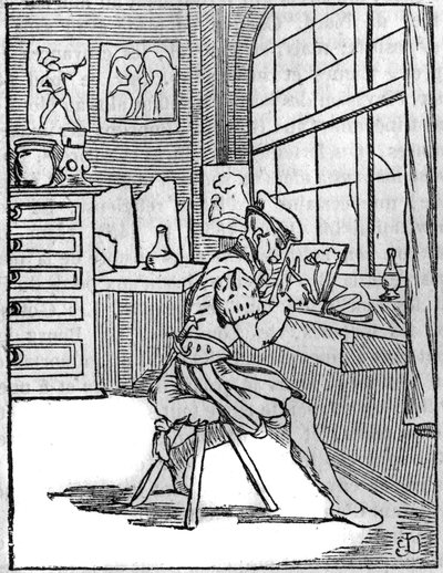 De glazenier (Vitripictor) in de 16e eeuw. door French School