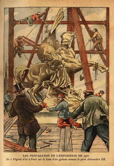 De voorbereidingen voor de tentoonstelling in 1900, het beeld van "Pegase aan het hoofdstel vastgehouden door de Renommee", in goudbrons, van de beeldhouwer Emmanuel Fremiet (1824-1910), zweeft op de top van een van de vier pylonen die de Alexander III-bru door French School