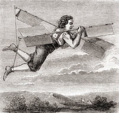 De vermeende vlucht van de Franse slotenmaker Jacob Besnier, met behulp van een zelf ontworpen vliegapparaat, in 1678, uit 