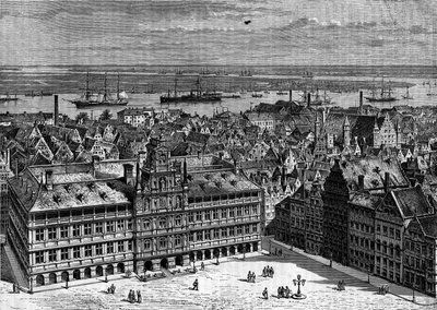 De rivier de Schelde gezien vanaf de haven van Antwerpen, België. Gravure in 