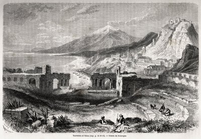 De ruïnes van het oude theater van Taormina (Tauromenium), aan de voet van de berg Taurus, met uitzicht op het moderne dorp Giardini en de Etna, tekening door Adolphe Rouargue en Emile Rouargue ter illustratie van Felix Bourquelot