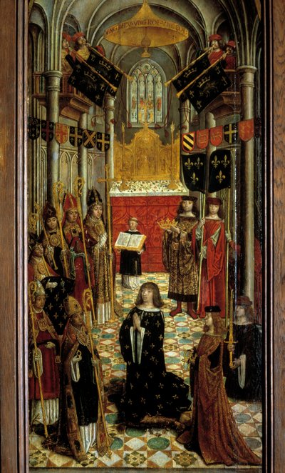 De kroning van Lodewijk XII (1462-1515) in de kathedraal van Reims op 27 mei 1498. Schilderij op hout van de Franse school van de 16e eeuw. 1501. Parijs, Nationaal Museum van de Middeleeuwen, Thermen van Cluny door French School