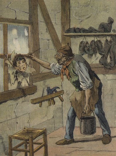 De schoenmaker markeerde de uren op de figuur van de kleine Jeannot (kleurenlitho) door French School