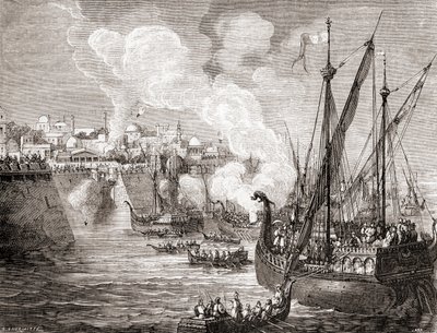 Het beleg van Constantinopel in 1453 door Ottomaanse sultan Mehmed II, uit Les Merveilles de la Science, gepubliceerd ca. 1870 (gravure) door French School