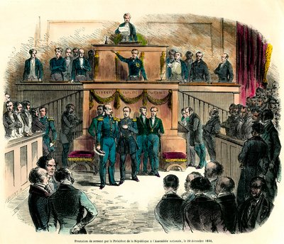 De beëdiging van Louis Napoleon III (Louis-Napoleon), die officieel werd uitgeroepen tot president van de Republiek, in de Nationale Vergadering op 20 december 1848. Hij zweert 