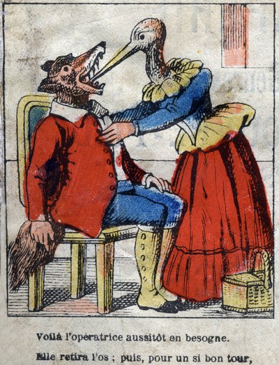 De wolf en de ooievaar. Fabels van Jean de La Fontaine. Epinal afbeelding eind 19e eeuw door French School