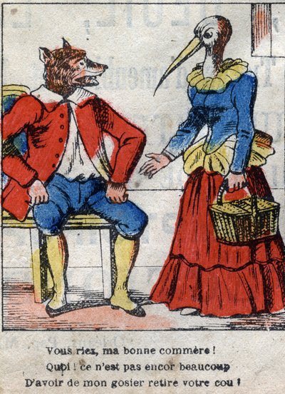 De wolf en de ooievaar. Fabels van Jean de La Fontaine. Epinal afbeelding eind 19e eeuw. door French School