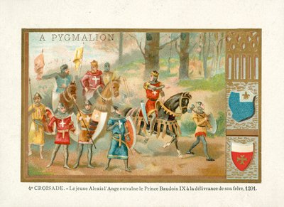 De jonge Alexios IV Angelos brengt Boudewijn IX, Graaf van Vlaanderen, om zijn broer te bevrijden, Vierde Kruistocht door French School