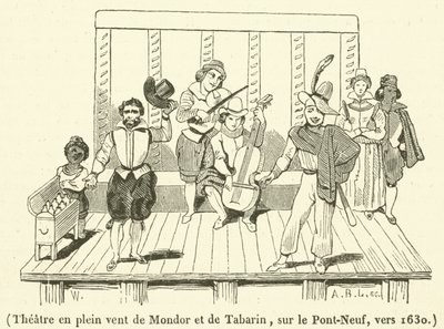 Openluchttheater van Mondor en Tabarin, op de Pont-Neuf, rond 1630 (gravure) door French School