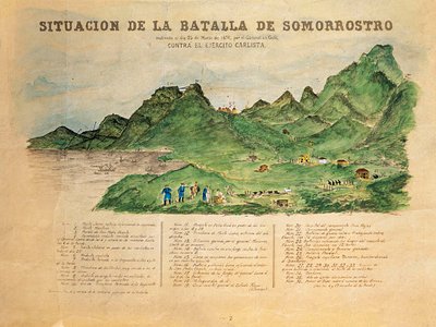 Derde Carlistenoorlog (1872-1876): beschrijving van de Slag bij Somorrostro in Baskenland op 25/03/1874 (gravure) door French School