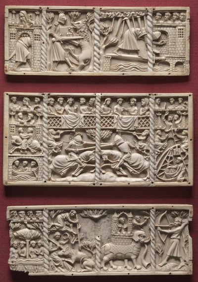 Drie panelen van een kist met scènes uit hoofse romances, ca.1330-1350 door French School