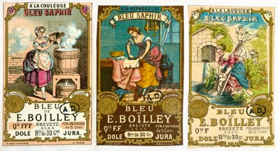 Drie etiketten voor het Bleu de E. Boilley merk waspoeder door French School