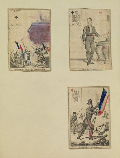 Drie speelkaarten ter herdenking van de helden van juli 1830, 1831 door French School