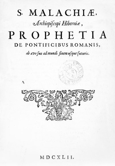 Titelpagina voor Prophecy of the Popes, gepubliceerd 1662 door French School