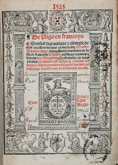 Titelpagina uit een boek over chirurgie door Jean de Vigo, 1525 door French School