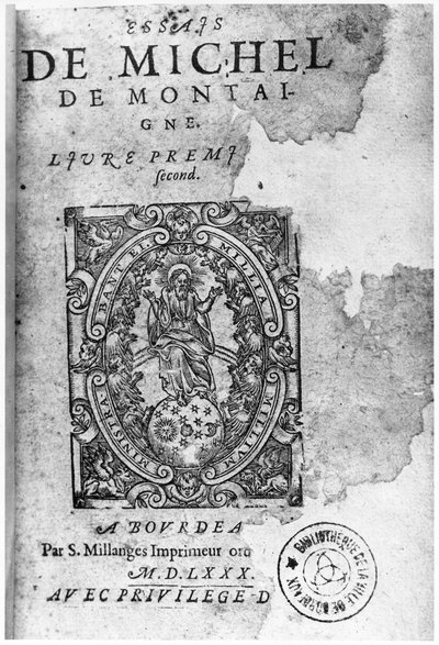 Titelpagina van de eerste editie van Essais door Michel de Montaigne (1533-92) 1580 door French School