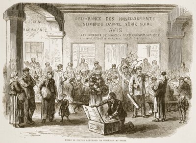 Gereedschap in onderpand teruggegeven aan arbeiders in Parijs, illustratie uit Cassells Geschiedenis van de Oorlog tussen Frankrijk en Duitsland, 1870-1871 door French School