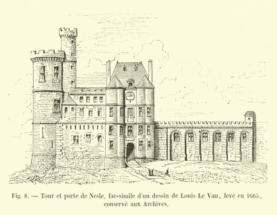 Toren en poort van Nesle, fac-simile van een tekening van Louis Le Vau, gemaakt in 1665, bewaard in de archieven door French School