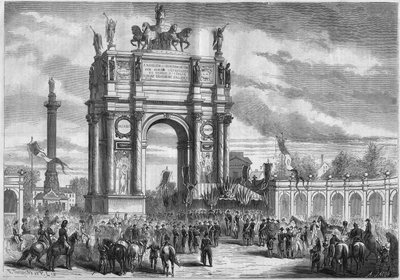 Transformaties van Parijs onder het Tweede Keizerrijk, Haussmann Parijs: triomfboog bij de inhuldiging van Boulevard du Prince Eugene (nu Boulevard Voltaire) door Napoleon III. Gravure in 
