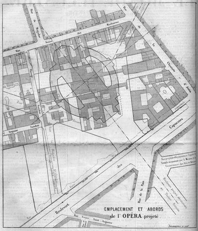 Transformaties van Parijs onder het Tweede Keizerrijk, Haussmann Parijs: projectplan van de Opera Garnier in Parijs in 1860 (gravure in 