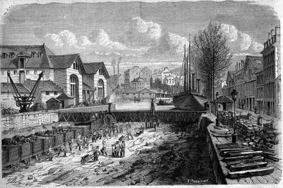 Transformaties van Parijs onder het Tweede Keizerrijk, Haussmann Parijs: werken uitgevoerd voor de verlaging van het waterlichaam van het Canal Saint Martin. Gravure in 