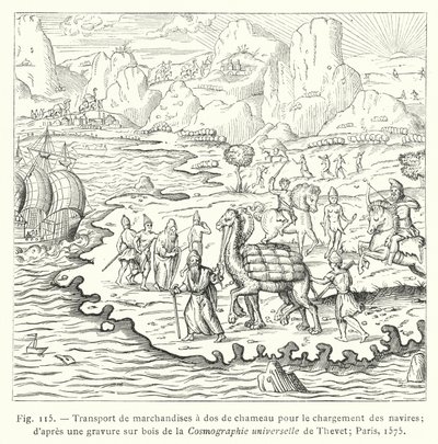 Vervoer van goederen op kamelenrug voor het laden van schepen; naar een houtsnede uit de Cosmographie universelle van Thevet; Parijs door French School