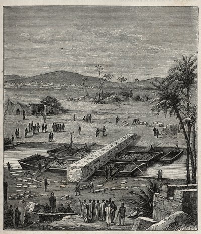 Transport van de obelisk van Ptolemee Philadelph (Ptolemaios Philadelphos) (Ptolemee II) op de Nijl naar Alexandrië - Gravure in "Wetenschappen beschikbaar voor iedereen - Populaire natuurkunde en scheikunde" door Alexis Clerc - Eind 19e eeuw - Privécollec door French School