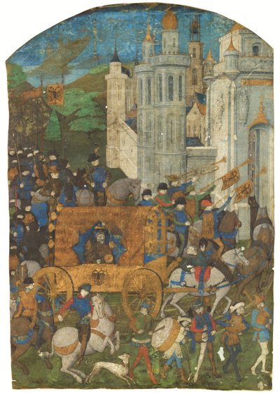 Triomfantelijke Processie van de Heilige Roomse Keizer, uitgesneden uit een manuscript, Rouen, derde kwart 15e eeuw door French School