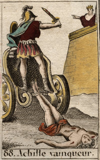 Trojaanse oorlog: Triomfantelijke Achilles sleept het levenloze lichaam van Hector voor de poorten van Troje. Uit 