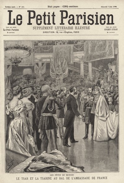 Tsaar Nicolaas II en Tsarina Alexandra wonen een bal bij ter ere van hen gehouden in de Franse ambassade in Moskou na hun kroning door French School