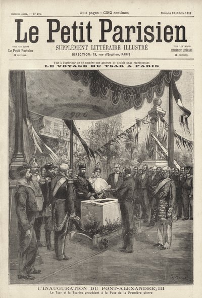 Tsaar Nicolaas II en Tsarina Alexandra van Rusland bij een ceremonie voor het leggen van de eerste steen van de Pont Alexandre III in Parijs tijdens hun bezoek aan Frankrijk door French School