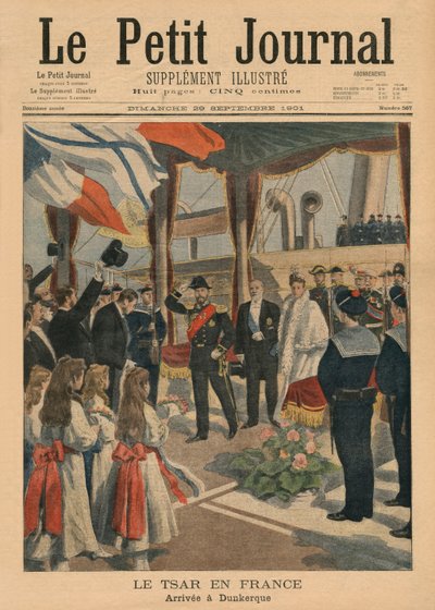 Tsaar Nicolaas II in Frankrijk, aankomst in Duinkerken, voorpagina illustratie uit 