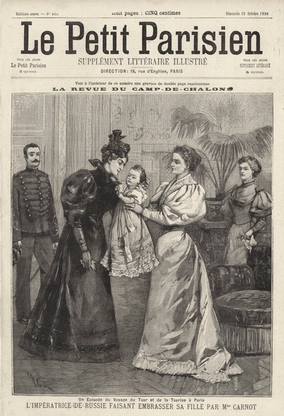 Tsarina Alexandra van Rusland nodigt de weduwe van de Franse president Sadi Carnot uit om haar dochter, Groothertogin Olga, te kussen tijdens het bezoek van de Russische Keizerlijke Familie aan Parijs door French School