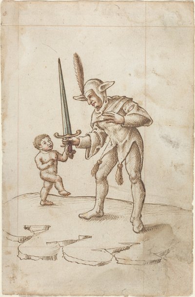 Keer het scherpe zwaard de rug toe [fol. 44 recto], ca. 1512-1515 (pen en bruine inkt met aquarel op geschept papier) door French School