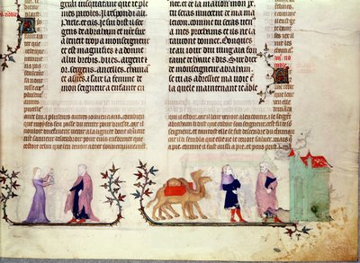 Twee scènes uit het verhaal van Rebecca bij de bron, uit De Bijbel van Jean de Sy, ca.1355 door French School