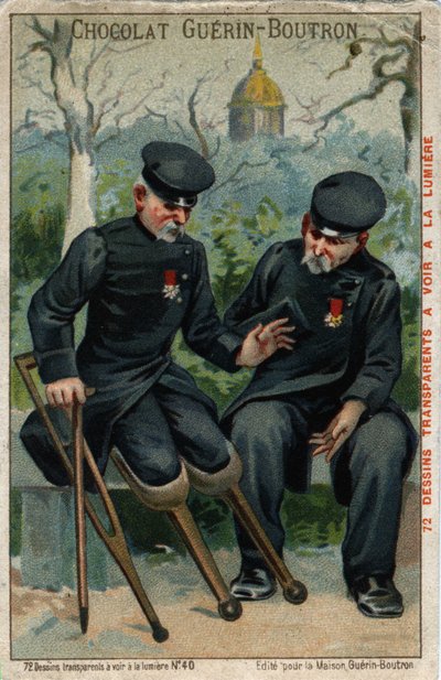Twee oorlogsinvaliden: een stomp praat met een pinguïn. Chromolithografie van de 19e eeuw door French School