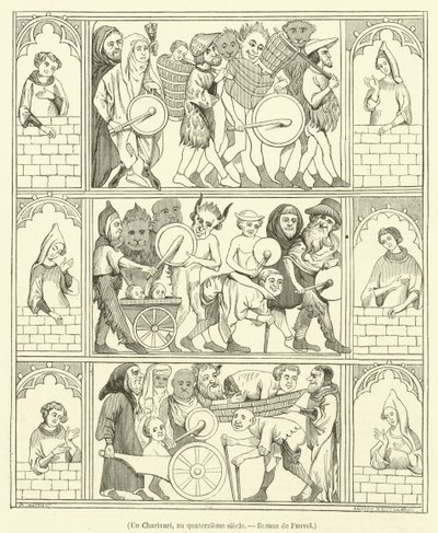 Un Charivari, au quatorzieme siecle, Roman de Fauvel (gravure) door French School
