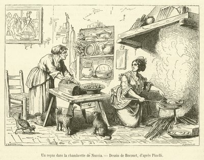 Een maaltijd in het kamertje van Nuccia (gravure) door French School